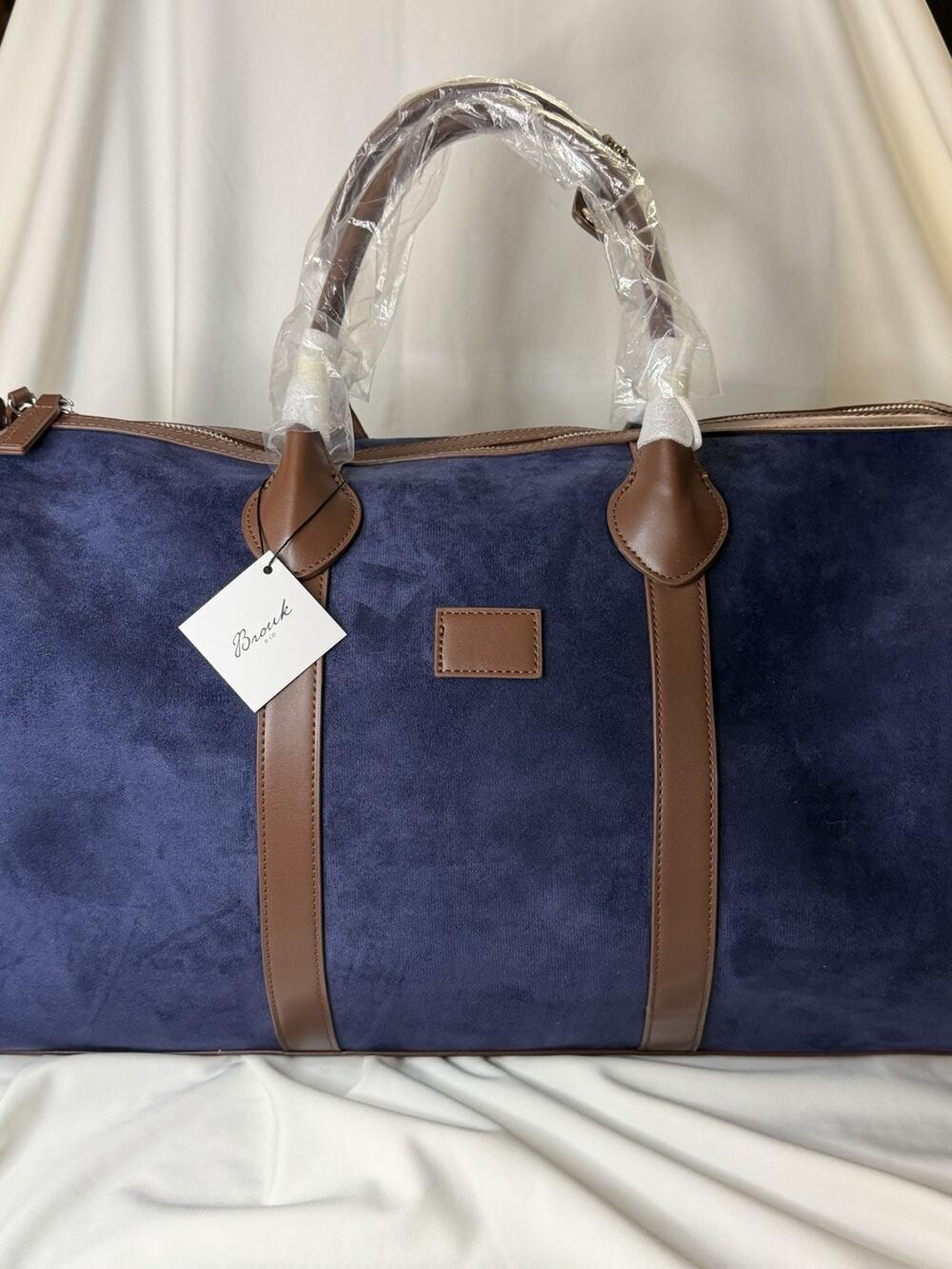 NEW Brouk & Co. "Lauren" Duffle Bag Blue Brown Vegan Leather Straps/Suede